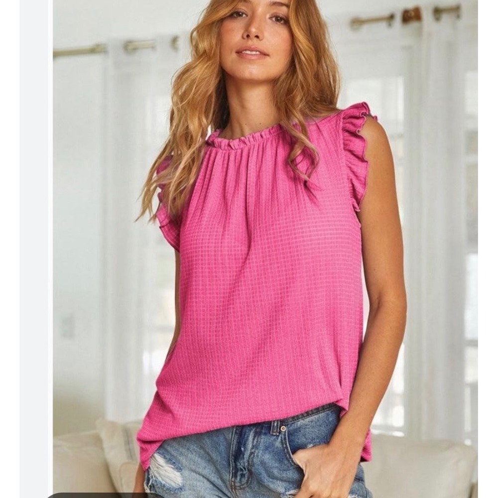 LOFT Ruffle Neck Textured Sleeveless Blouse medium Pink Excellent Seersucker Top